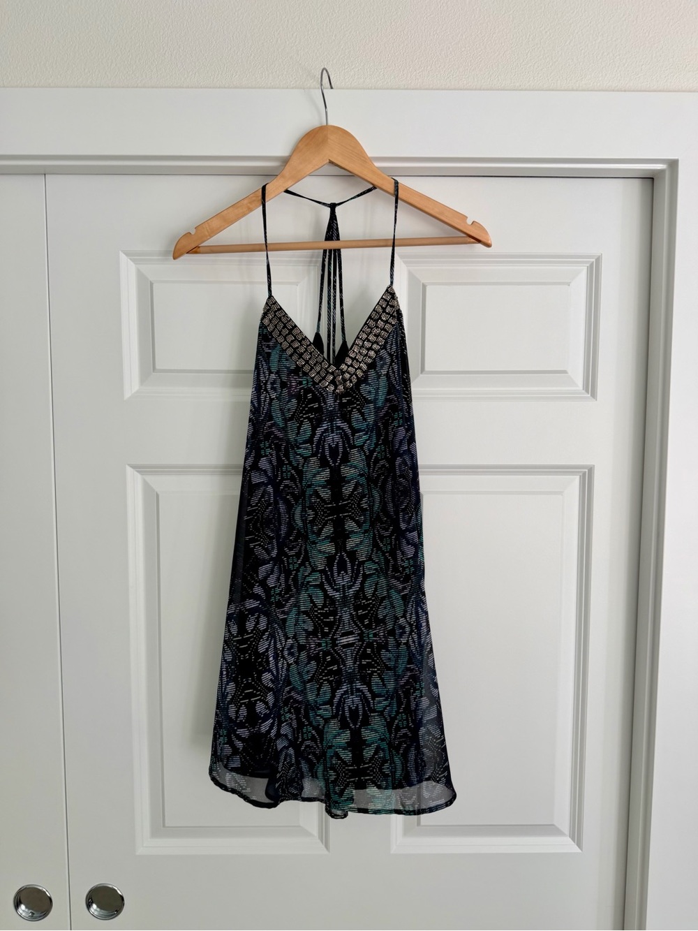 Astr Black Slip Dress with Teal & Deep Blue Floral Beading